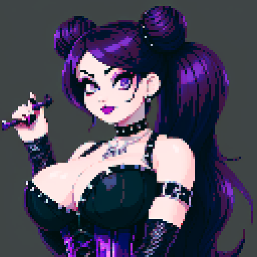 Curvy cute busty goth babe with purple long hair in buns, dark smoky eyes, goth eyeshadow, black studded choker, corset, fishnet stockings, edgy pixel art style, retro arcade game machines