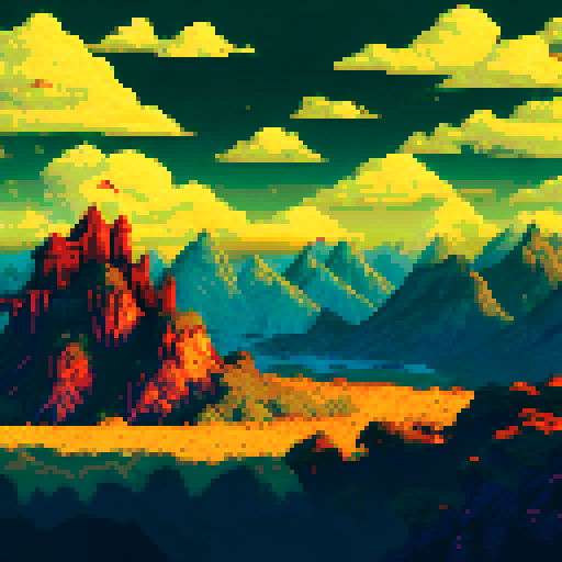 Mt Doom's fiery peak surrounded by craggy rocks and ash-covered ground, with a dark, ominous sky looming in the background, depicted in a stunning sRGB pixel art landscape
