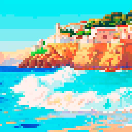 mediterranean waves, vibrant colors, intricate details, pixelated forms, fluid movement, contrasting hues, textured brushstrokes, sRGB palette, coastal scenery