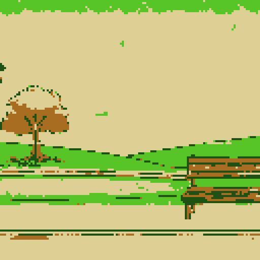 city park,  pathways, benches under tall trees, fences framing buildings in a landscape portrait , for side scroller game