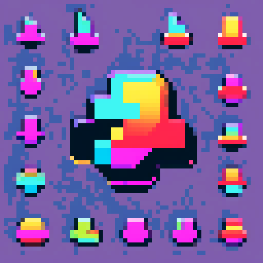 level up icon, pixel art, sRGB, vibrant colors, retro aesthetic, 8-bit style, glowing effect, neon lights, dynamic movement, bold outlines, sharp edges, depth illusion, shining symbols, futuristic elements, sleek design, glossy finish, metallic texture, gradient shading