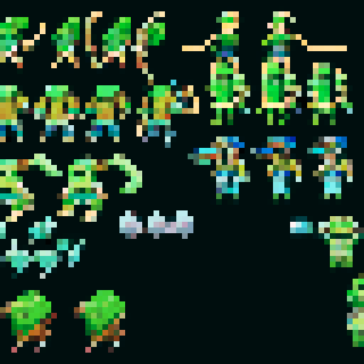 overhead view movement sprite sheet for a ranger in a rpg game serious and detailed with walking in all directions up down left right im using this in asprite