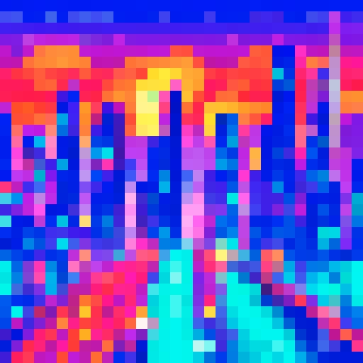 Grimy neon-lit skyscrapers tower over a sprawling pixelated metropolis, with flickering streetlights reflecting off puddles of rainwater on the sRGB background