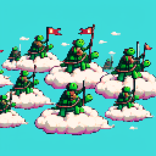 Gather the army of pixelated turtles on clouds.