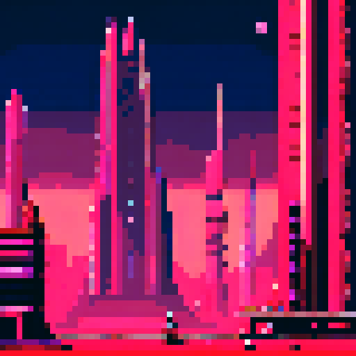 Mars Building with towering, futuristic skyscrapers, bustling pixelated city, ARNE32 palette, otherworldly structures, pixel art, no details