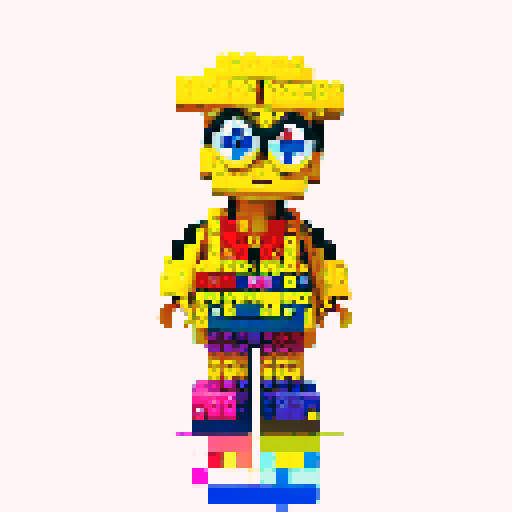 Minions, pixel lego, vibrant colors, blocky forms, playful expressions, retro video game aesthetic, 8-bit graphics, square pixels, limited color palette, sRGB compression