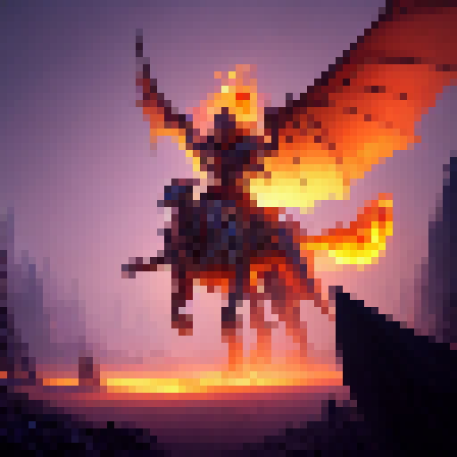 Armor-clad knight riding a fiery dragon through a misty forest with a glowing sword and a castle in the distance, all rendered in a vibrant, epic art style.