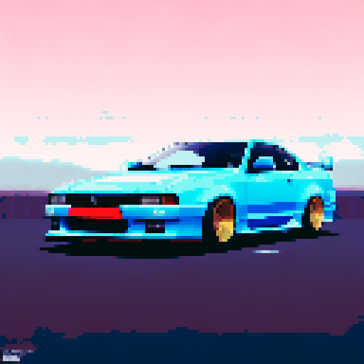 Photorealistic whole Nissan Silvia, three-quarter view, right front wheel, clean background, sRGB colors, pixel art style