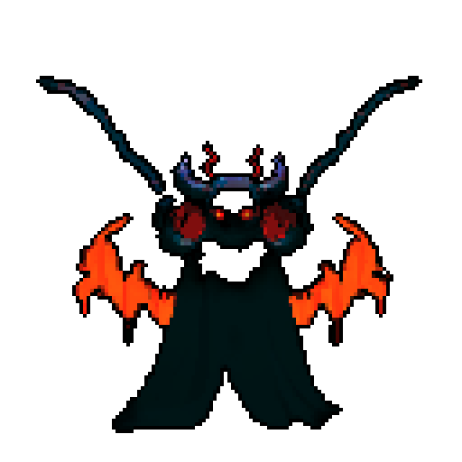 A terrifying demon cloaked in darkness, with smoky tendrils, massive wings, and glowing red eyes. It exudes an aura of fear and dread, blending into the shadows. No background.
