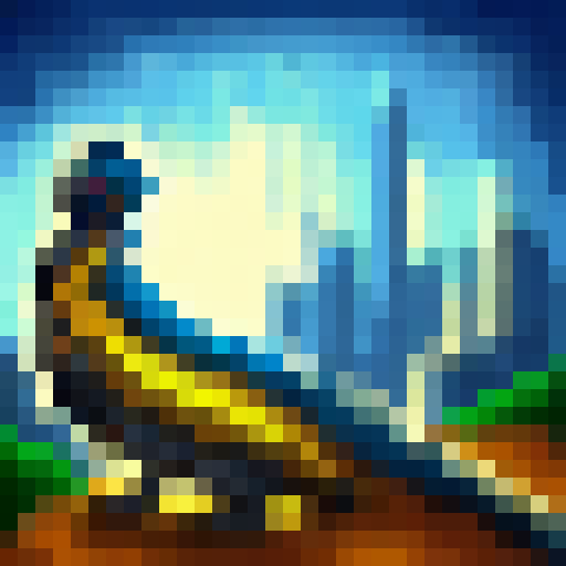 A shimmering sapphire dragon, perched atop a jagged crystal spire, surveys a sprawling cityscape below, rendered in intricate pixel art.