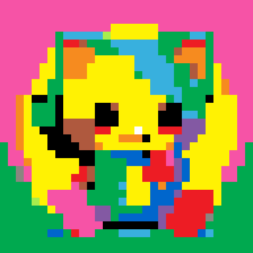 cat, vibrant colors, blocky pixels, playful pose, animated expression, retro aesthetic, 8-bit style, sharp edges, saturated hues, low-resolution, jagged lines, cute features, whimsical composition, dynamic movement, pixelated fur, nostalgic vibe, vintage video game, cheerful atmosphere