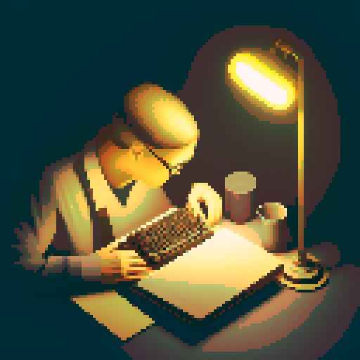 person with glasses, typing on a vintage typewriter, surrounded by stacks of colorful paper, under the warm glow of a desk lamp