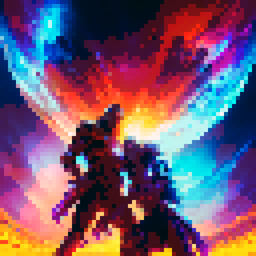 Dynamic, comic book-style action. Two wrestlers, one with a fiery red aura, the other with a shimmering blue aura, are locked in a fingerlock. Energy crackles between them as they strain to overpower each other.