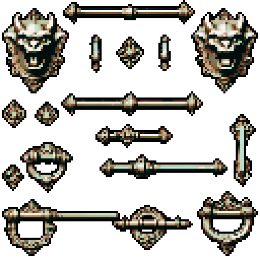 Mechanical pieces from old door knocker and gargoyles. It should be seen as if on a wall, with no perspective, on a solid-color background. There should one be two or three pieces in each frame, it shouldn't be complete.