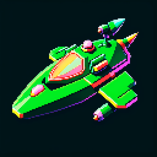 Green spaceship, retro, low resolution, vibrant colors, geometric shapes, angular design, glowing thrusters, metallic finish, glossy surface, starry background, cosmic atmosphere, sci-fi aesthetic, futuristic, extraterrestrial, otherworldly, nostalgic, video game-inspired