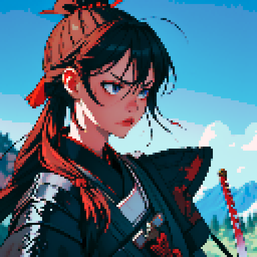 Samurai with blood dipping from sword, tired from the battles on an epic scenery.