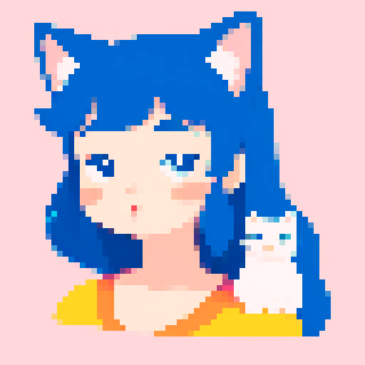 flat illustration of a girl with many cats, cartoon style, close-up