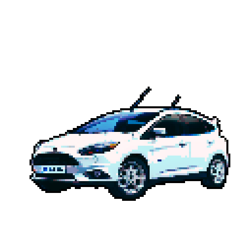 Photorealistic, centered Ford Focus in a three quarter view, right wheel in front, clean background, pixel art style with sRGB colors