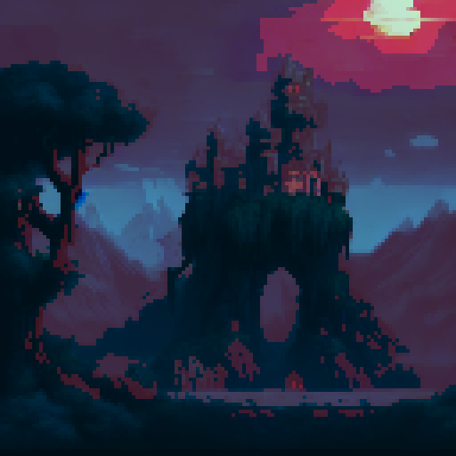 Generate a scene depicting a village under attack by night creatures for a game set in an apocalyptic world. The village should be nestled in a valley surrounded by dense forests and looming mountains, with a full moon casting an eerie glow over the landscape. Buildings should be ablaze, with flames licking the night sky and casting flickering shadows. the image should be 16:9 ratio and the colors used should be dark