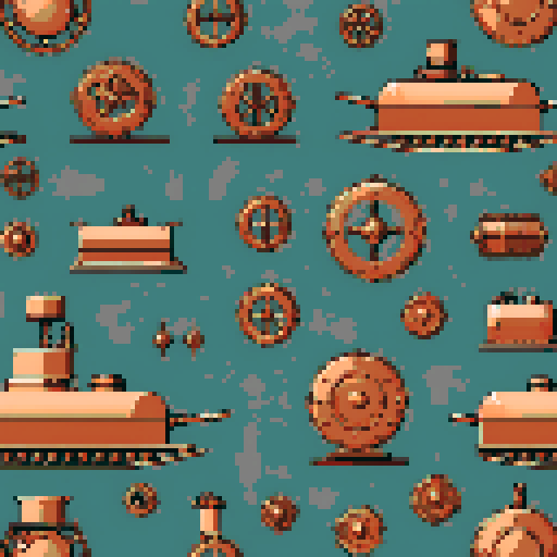 simple, geometrical copper pieces from a tank. Steampunk. It should be seen from the left side with no perspective, on a solid-color background. There should one be two or three pieces in each frame, it shouldn't be complete.