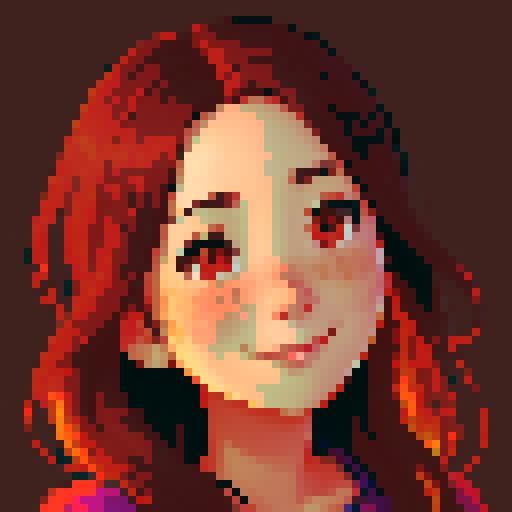 stardew valley-inspired, asian woman, pixel art, sRGB, vibrant colors, rustic backdrop,  dark hair with red streaks, glowing skin, gentle smile, freckles, rosy cheeks