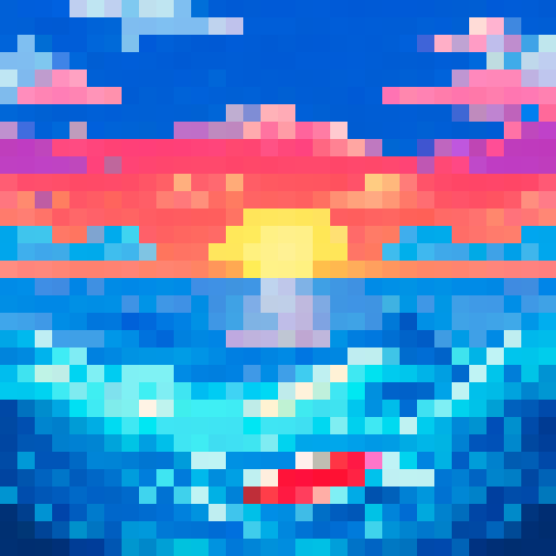 Watermelon whale breaching through a vibrant blue ocean, its juicy red flesh contrasting against the pixelated waves and the pixel art sunset in the distance