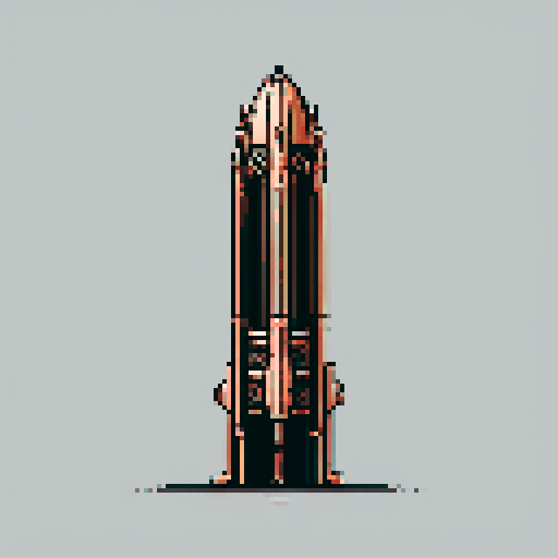 I want a tall vertical copper structure reminiscent of a organ pipe. It should have strange mechanical details that could interlock with each other. I also want this object usable an asset in a videogame, meaning only one object per image, outlined with a strong black stroke, on a solid-color background.