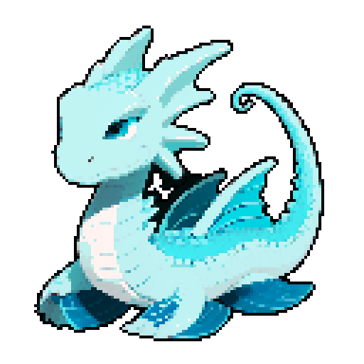 A massive dragon with smooth, aqua-blue scales and long, flowing fins. It has a calm, serene expression and eyes that resemble the deep ocean. Its body is streamlined for swimming, and it has a graceful, majestic presence. No background.
