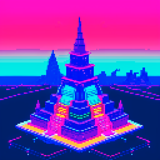 technological Aztec Style Pyramid with towering spires, shimmering in neon hues, surrounded by frozen waters reflecting the pixel art skyline
