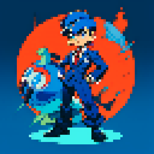 A full body character, an economist wearing a suit, megaman style, retro