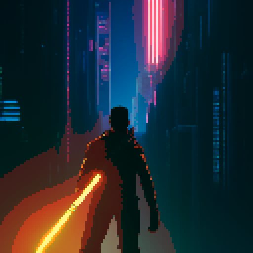 Cyberpunk hero stands atop a decrepit skyscraper gazing longingly at the scenery, a katana on his back, aetherpunk style, cyberpunk themes, blade runner 2049, neo-futurisim, pixel art