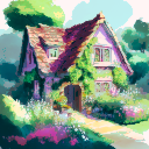 Cute cottage-core garden outside of a little witchy bungalow, shrouded in ivy and lost inside a dense forest