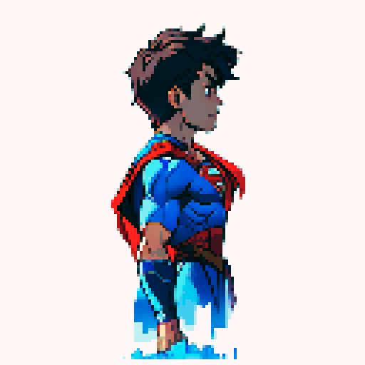 pixelated Superman flying through a vibrant, retro cityscape with bold, primary colors and clean, sharp lines