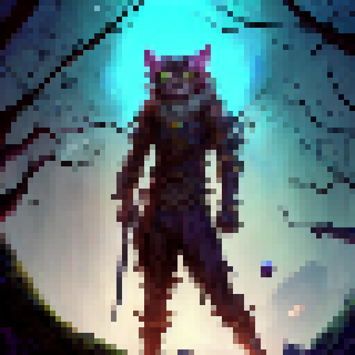 Catboy, wielding a glowing sword, battles a horde of shadowy beasts within a mystical forest, surrounded by towering trees and flickering orbs of magic.