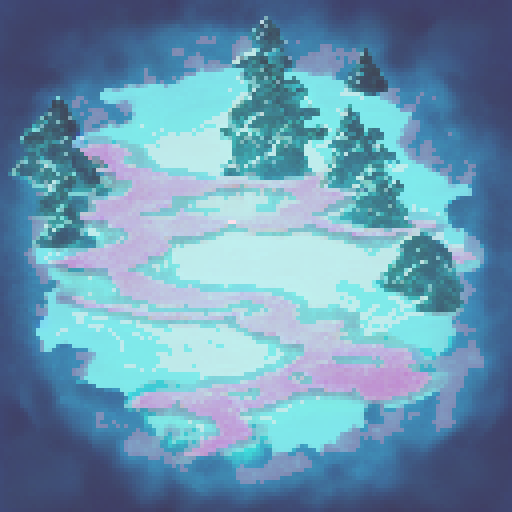 billowing northern lights reflected in a frozen river between high mountains over icy tundra and pines neon blue and pink with dark colors too