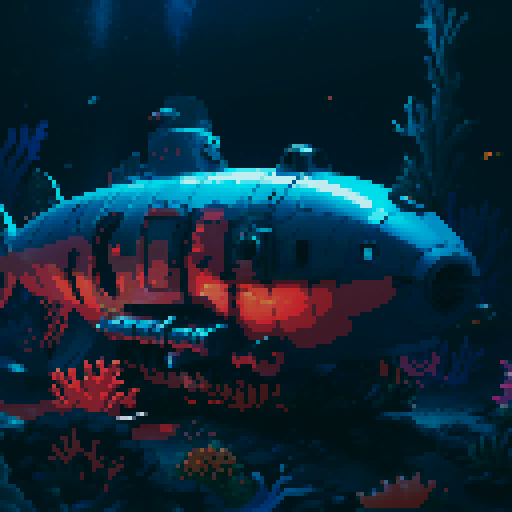 submarine, underwater, colorful, vibrant, retro, 8-bit, pixelated, deep sea, coral reefs, marine life, illuminated, glowing, exploration, portholes, periscope, propellers, mechanical, rivets, vintage, nostalgic