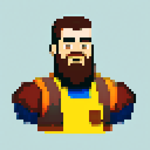 young, bearded male warehouse worker, Amazon Germany, pixel art