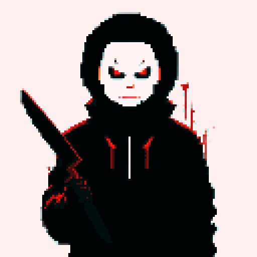 Michael Myers, dark silhouette, looming presence, blood-red eyes, pixelated horror, sRGB color palette, chilling atmosphere, knife-wielding figure