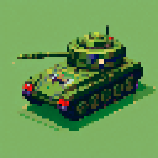 top-down pixel art sprite, World War II army tank, sleek olive green body, rugged tank treads, rotating turret, menacing barrel, pixel art, sRGB, game asset