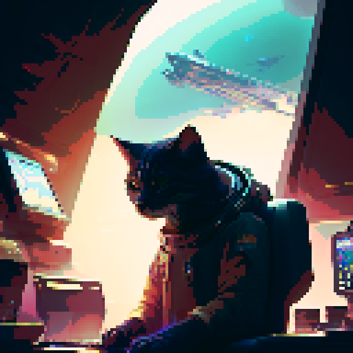"Feline programmer intently coding a Python project, surrounded by sleek, modern technology and software manuals, with a futuristic, neon-lit cityscape visible through the window."