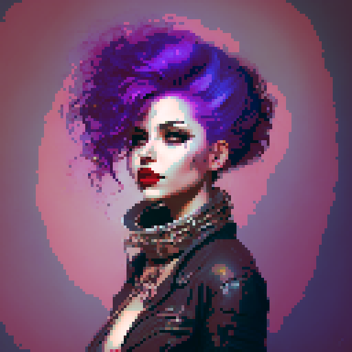 Plus size busty goth girl, with long purple hair, eyeliner, red lipstick. wearing a halter top and spiked collar. Posing for a up close face portrait. vibrant sRGB colors, pixel art, edgy aesthetic