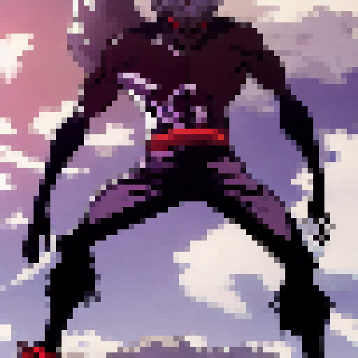 Garou, with godlike strength, stands atop a mountain peak, his silver hair flowing in the wind as he prepares to strike his opponent with his anime-style martial arts moves.
