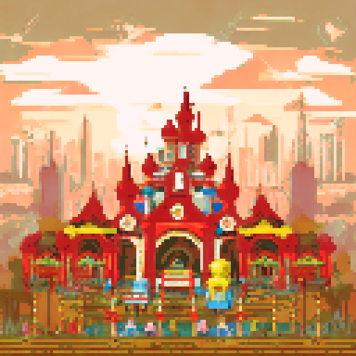 wide shot amusement park, towering roller coaster, vibrant colors, nostalgic pixel art style, detailed background, bustling crowd, joyful atmosphere, whimsical landscape