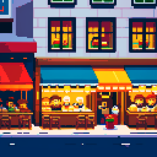 busy city cafe, winter cold, crowded tables, steaming cups, baristas brewing coffee, pixel art, sRGB, depressed