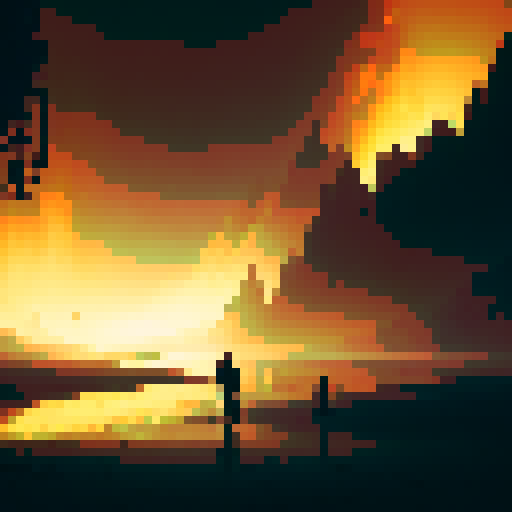 Fishermen with lanterns, their silhouettes barely visible through the thick fog as they dance on the beach beneath the stunning, cinematic sunset of a gloomy, fantasy RPG village