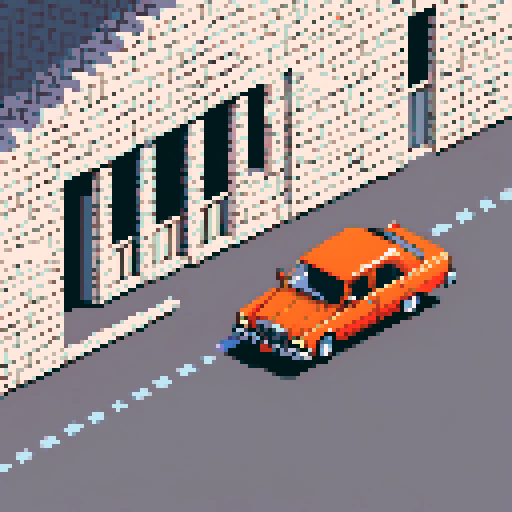 orange sedan hitting a white brick wall