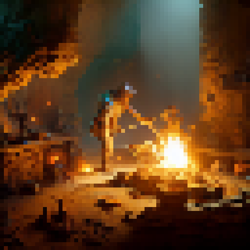Glowing embers illuminate a rugged blacksmith's forge as a skilled craftsman hammers a shining, intricately-carved, magical broadsword, adorned with glowing runes, amidst a dimly-lit fantasy RPG world.