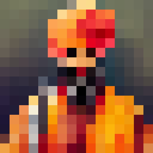 Turbaned Sikh warrior in fiery orange robes stands atop a rocky outcropping overlooking a lush green valley, holding a gleaming curved sword and gazing out with a fierce determination in a portrait-style image.