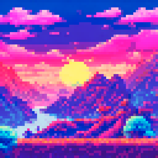 mountain peaks, fluffy clouds, shining sun, rolling hills, vibrant flowers, tranquil lake, towering trees, winding path, distant horizon, peaceful meadow