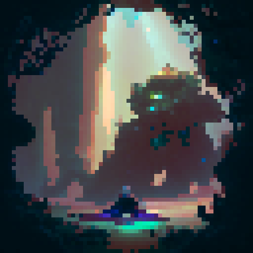 Medusa, with serpents for hair, slithering through a mossy dungeon with glowing, magical crystals illuminating her path, searching for her next victim